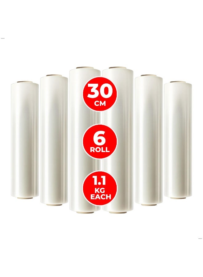 UKR Heavy Duty Stretch Film Wrap Roll 30cm | 1.1KG Each 900g Film 200g Core Tear-Resistant Clear Plastic Shrink Wrap for Packing, Moving, Pallet Wrapping, Warehouse, Storage & Shipping - 6 Roll - Image 1